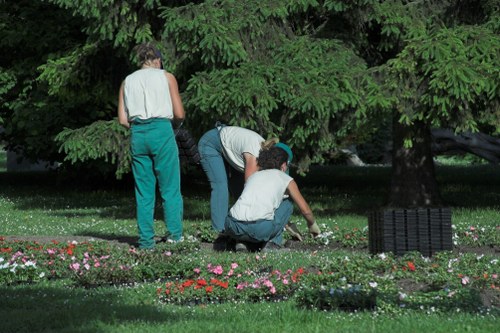 Team member assessing garden hazards before work begins